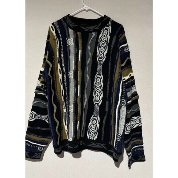 Baucci Other - VTG Baucci Blue Yellow Grey Knitted Pullover Coogi 3D Style Sweater 90s XL